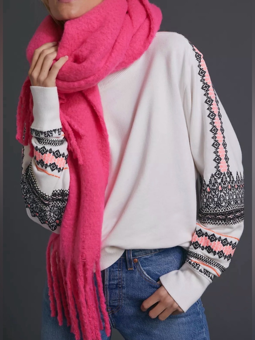 Anthropologie Pilcro Nina Embroidered Sweatshirt White Pink Geometric Boho XL